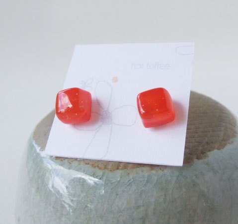 orange cube studs - fused glass