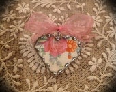 Broken china jewelry heart with pink rose by the Charming Cherub pin and pendant