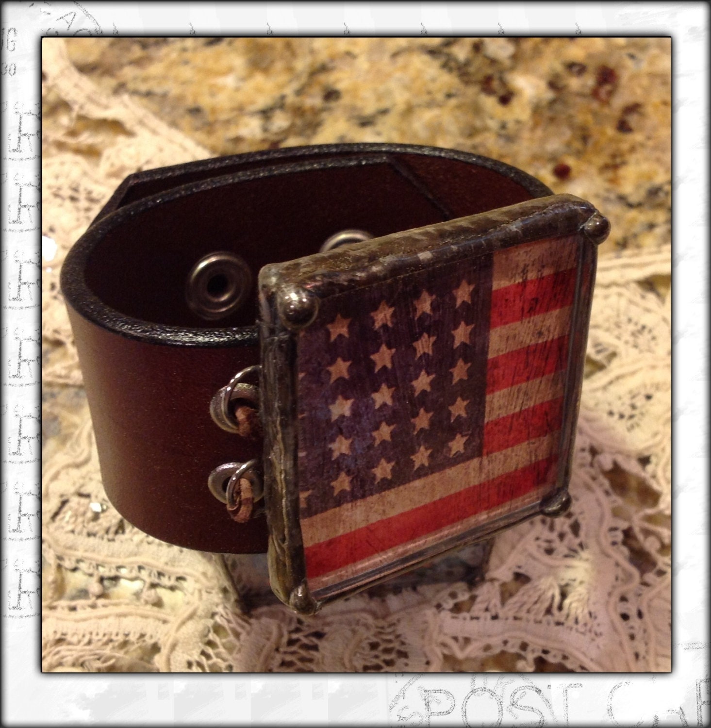 Leather cuff handmade by The Charming Cherub blue bird , butterfly  or flag jewelry steampunk