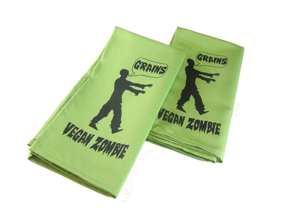 Vegan Zombie Napkins set of 4 green fabric napkins screen printed housewares