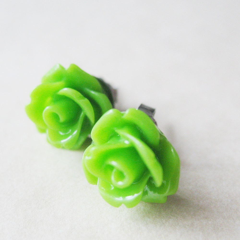 Lime Green Flower Earrings - Rose Stud Earrings