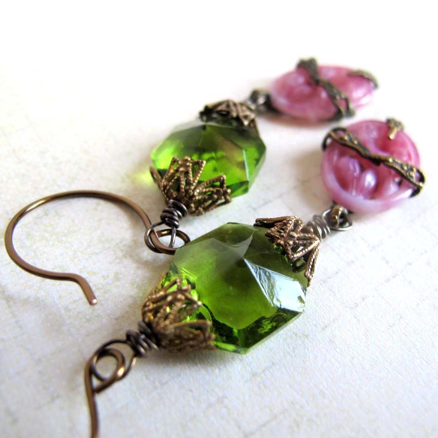 Spring Colors Pink Green Chandelier Crystal Drop Earrings Vintage Style
