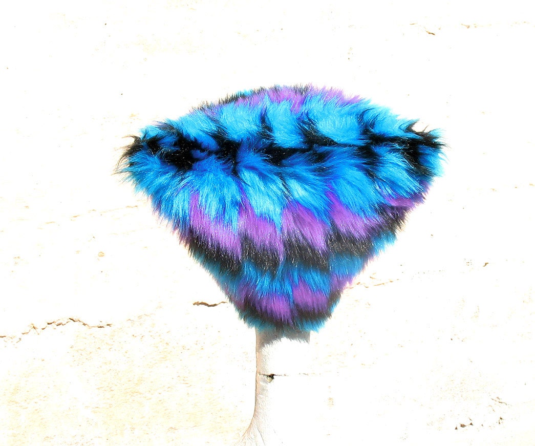 Blue Parallelogram Kozy Kitty Hat - Turquoise Purple Black Geometric fuzzy Faux Fur hat Raver hat Women Men S M L XL  Burning Man Blacklight