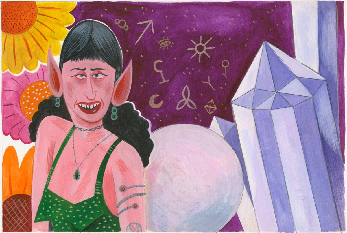 ORIGINAL painting of Hippy Dippy Crystal Girl by Mike Gorman 10x6.5 gouache