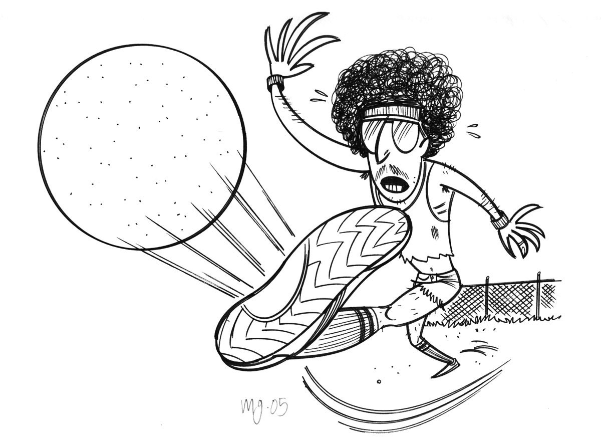 Adult Kickball original pen & ink drawing by Mike Gorman 9 x 10.5