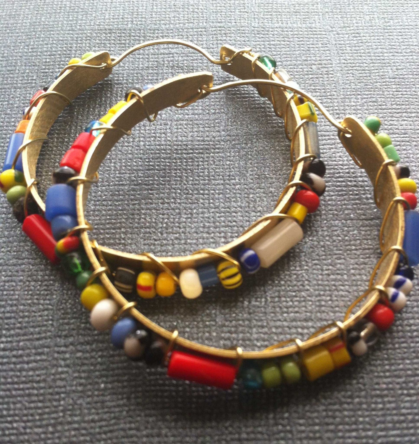 Colorful Beaded Gold Brass Hoops with trade beads