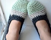 Women's Crochet Slippers Socks House Shoe - Colorblock - Mint, Linen, Charcoal - Made to Order (Size 6-8 Ready to Ship)