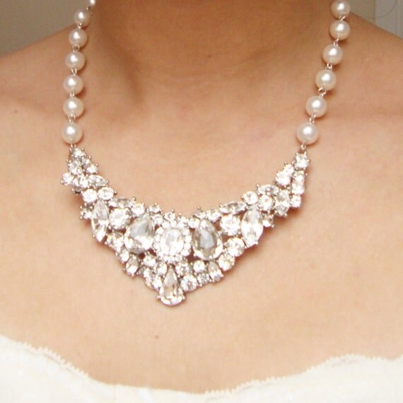 Rhinestone Bridal Bib Necklace Vintage Style Wedding by luxedeluxe
