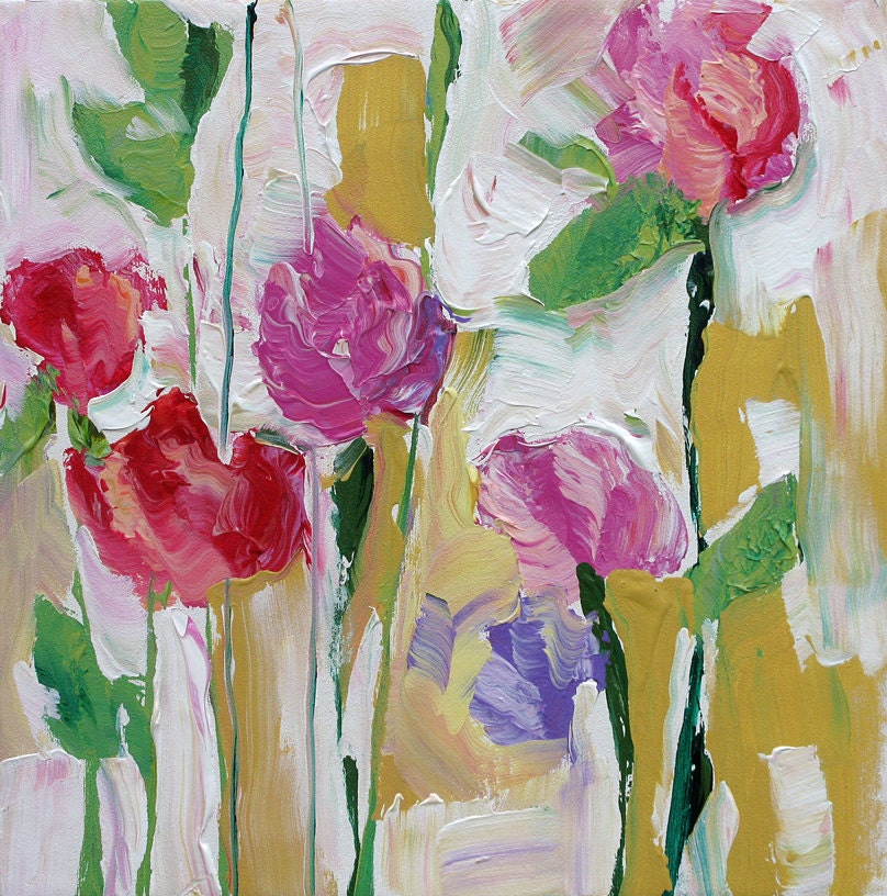 Original Abstract Floral Painting Fauve Impressionist Landscape Roses Acrylic Painting on Canvas by Linda Monfort