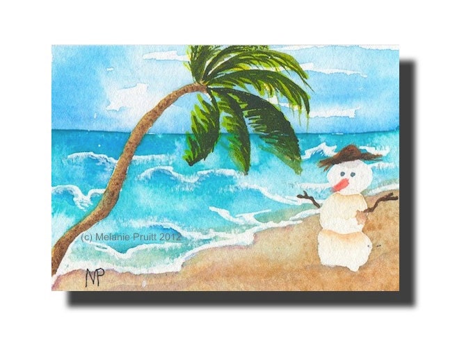 ACEO Snowman Beach  ORIGINAL  winter tropics hawaii sand watercolor painting