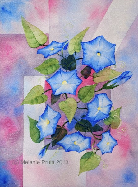 Blue Morning Glory ORIGINAL 12x16  floral geometric pink garden Watercolor Painting by Melanie Pruitt EBSQ
