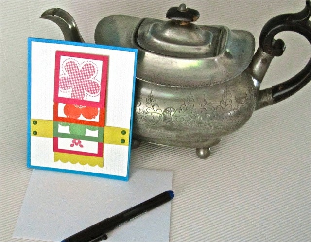 Birthday card waterfall card stamped bright blank card turquoise pink orange green with flowers handmade clever flip card home and living