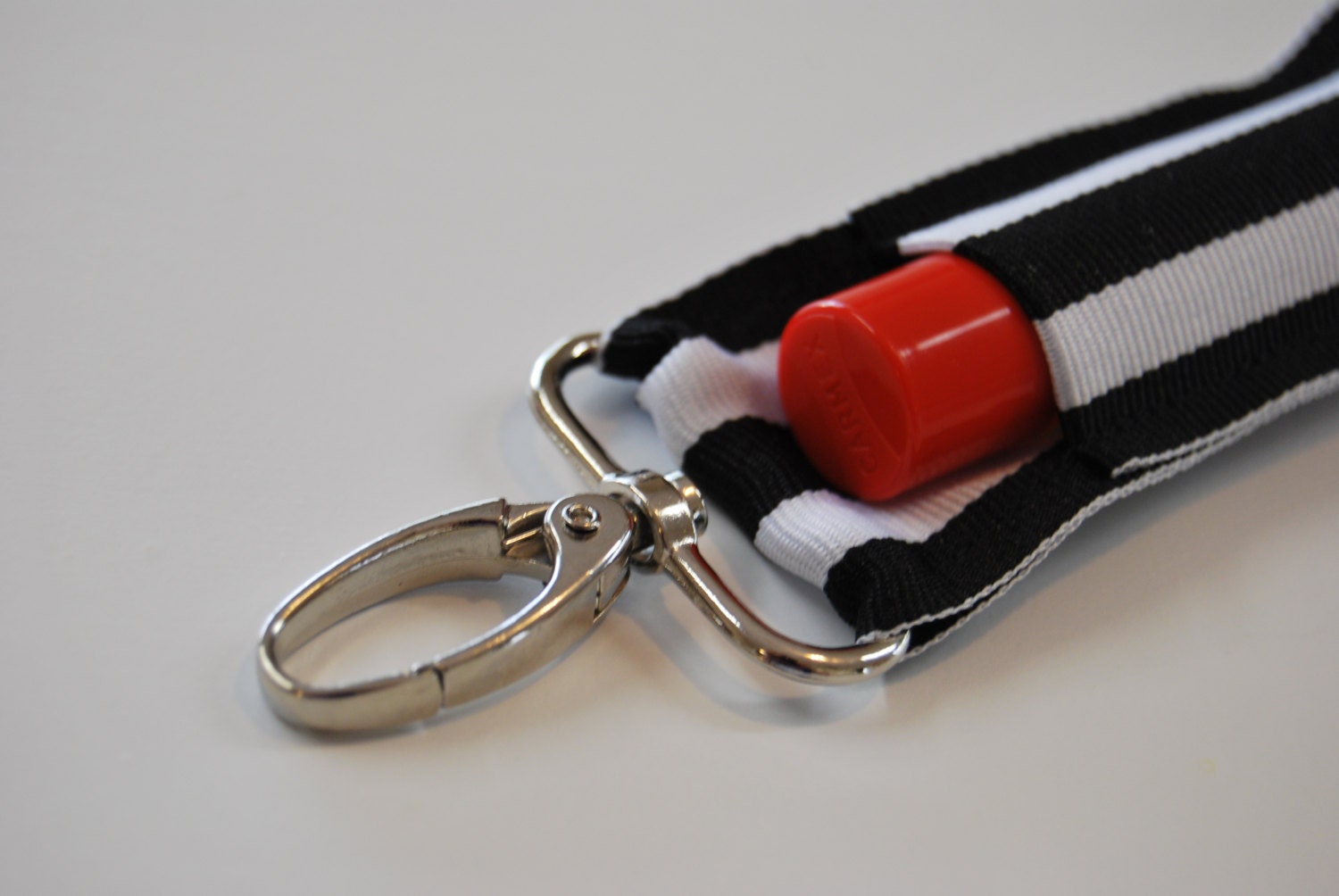 Black and White Stripe Key Fob Chapstick Holder