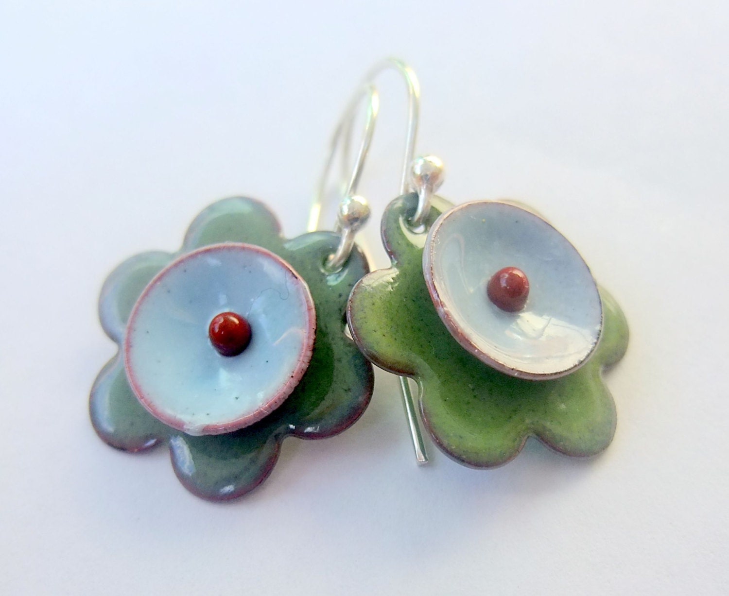 Green Meadow - double bloom enameled earrings