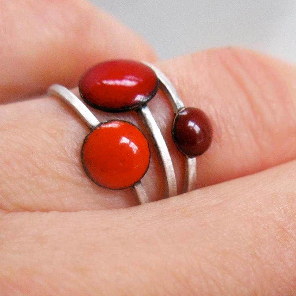 Set of 3 Colorful Enamel and Sterling Silver Stacking Rings: Cherry Red, Tangerine Orange, Burgundy Red, Made to Order in Your Ring Size