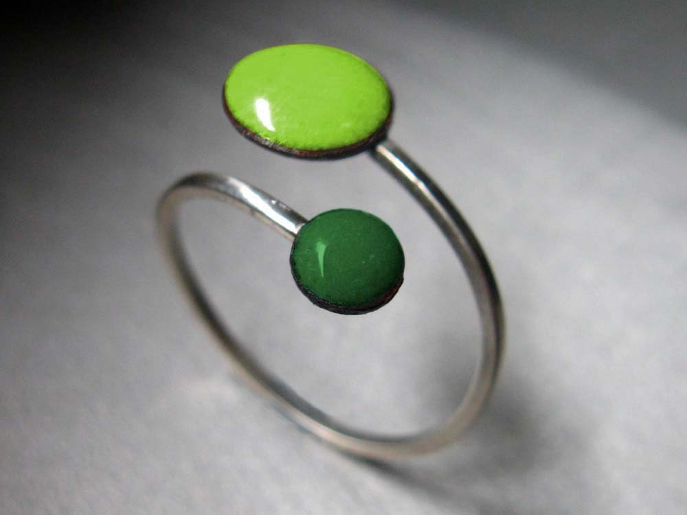 Ready to Ship: Orbit Enamel Ring, Lime Green and Evergreen, Adjustable Size, Kiln-fired Glass Enamel and Sterling Silver