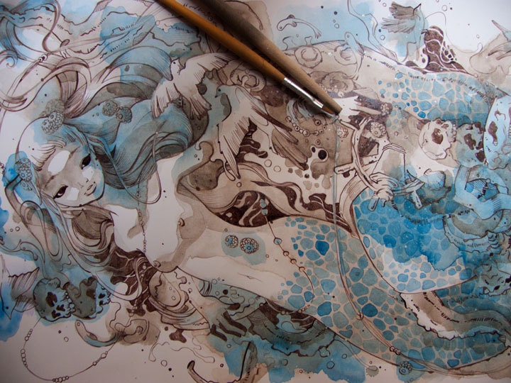 Sea Snake - Fantasy - Mermaid - ORIGINAL Watercolor Illustration by Natalia Pierandrei