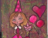 Birthday Girl  and her cat Folk Art Neon Bright Colors Acrylic & Oil Pastels Original