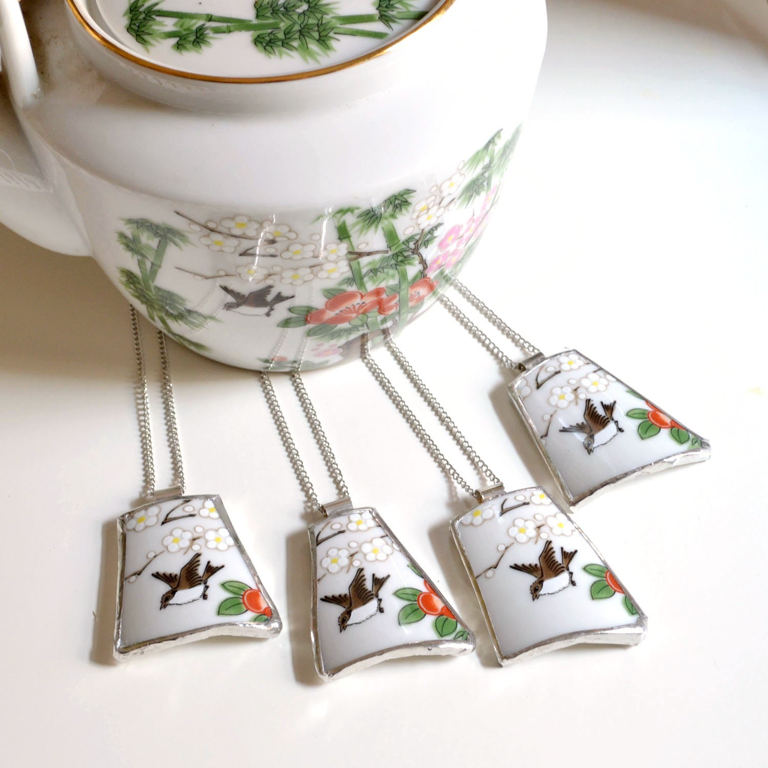 Custom Bridesmaid Jewelry - Matching Broken Plate Pendants on Chains - Recycled China