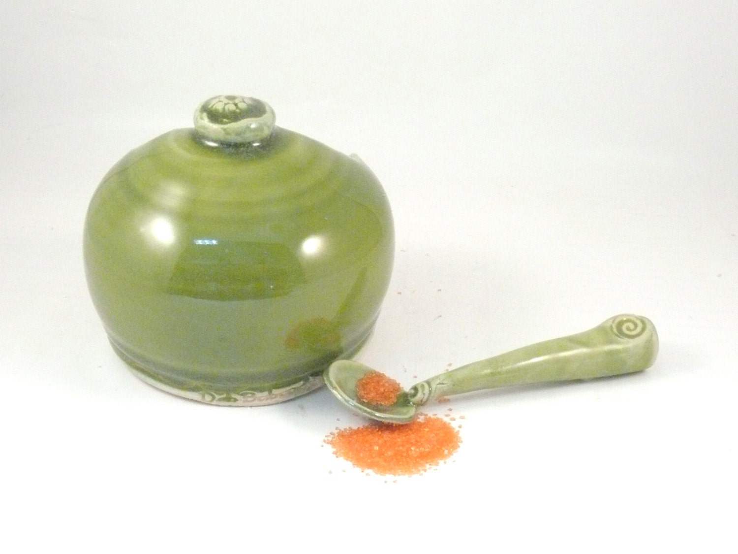 Handmade Ceramic Emerald Green french salt pig with spoon - holder, cellar, keeper or dish - perfect for home chef