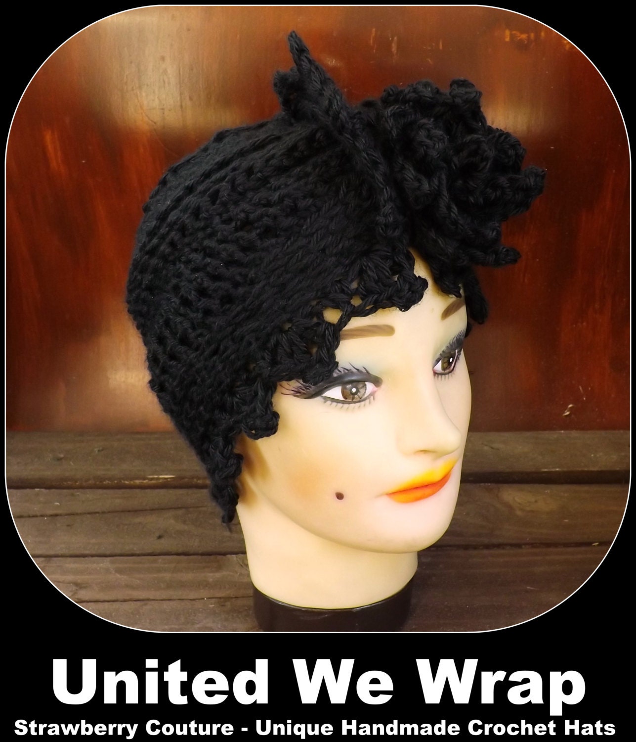 Crochet Hat Women Hat - ALEJANDRA Womens Turban Hat Headwrap with Flower in Black - Crochet Womens Hat - Burlesque Hat Costume