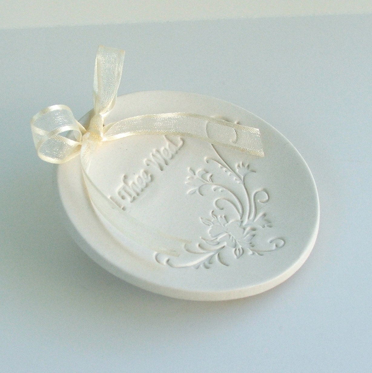 Ring Bearer Pillow, Ceramic wedding ring holder,  Wedding Ring Plate,Hand Built Porcelain " I Thee Wed"