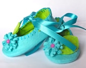 Turquoise and Lime Green Felt Flower Baby Booties/Shoes Small
