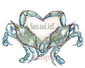 Maryland blue crab wedding heart announcement fine art signed personalized nautical design handmade--8X10 inches