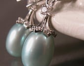 Tiffany blue pearls, cubic zirconia, rhodium plated sterling earrings