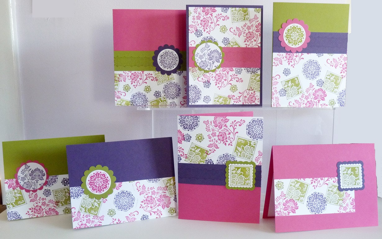 Floral Handmade Stamped Blank Note/Greeting Card Set of 7 - Thinking of You, Congrats, Sympathy, Thanks, Get Well, Birthday