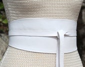 REVERSIBLE White Leather obi wrap sash corset - lambskin & fabric belt - size XS S M L - bridal - custom made w/ choice of print
