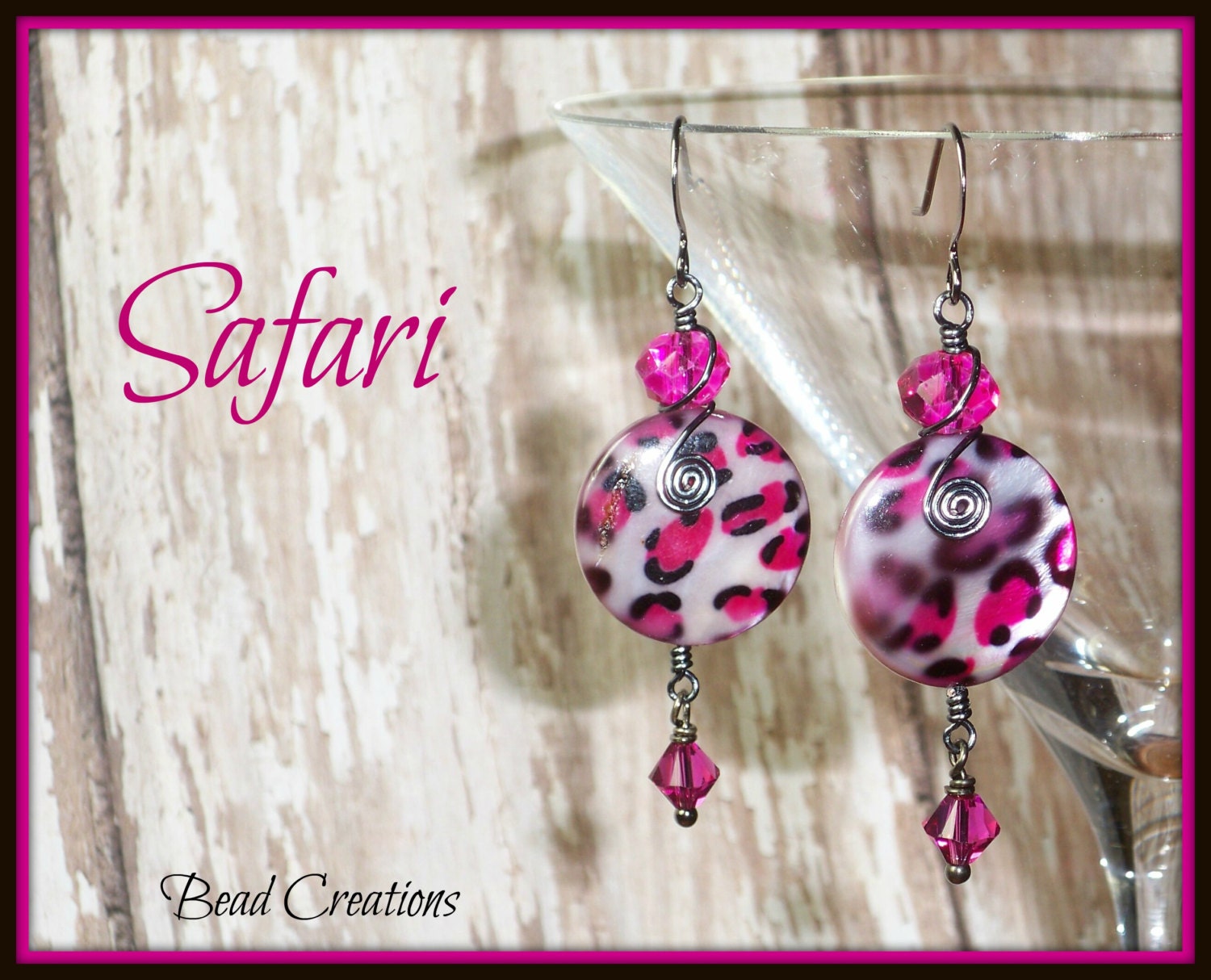 Pink Earrings Mother of Pearl Crystal Swarovski Black White Spotted SAFARI