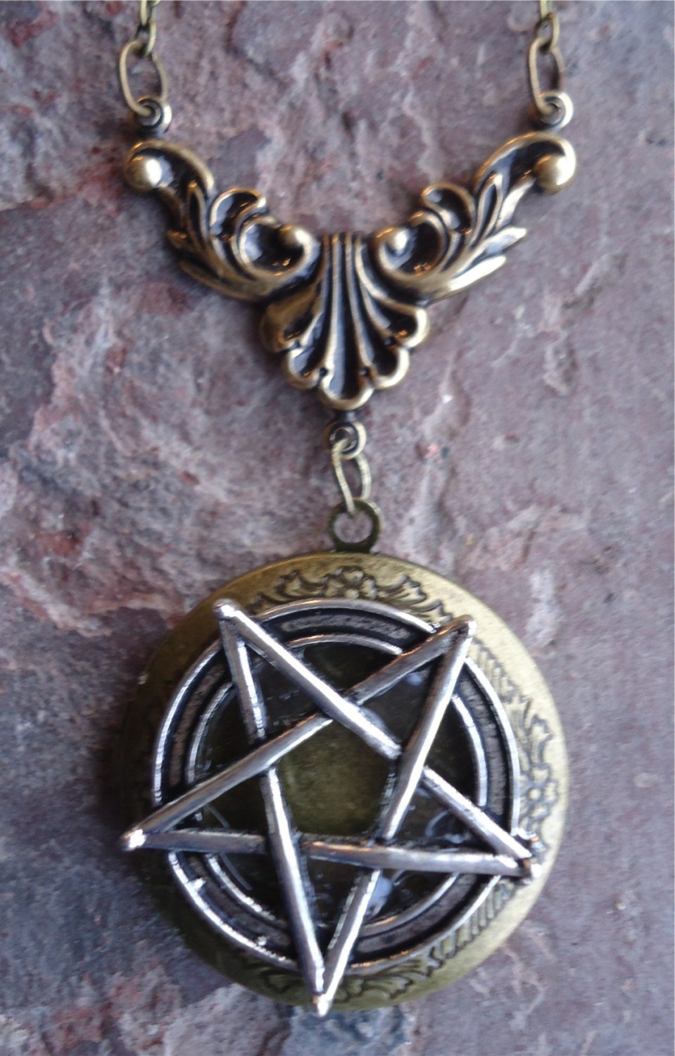 Satanic Pentagram Locket - Goat Head Satanism Locket - Brass Locket on Victorian Filigree Chain