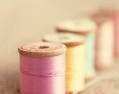 pink sewing room home decor pink yellow blue thread vintage wood spools art still life photography 5 Spools 8x10 - eireanneilis