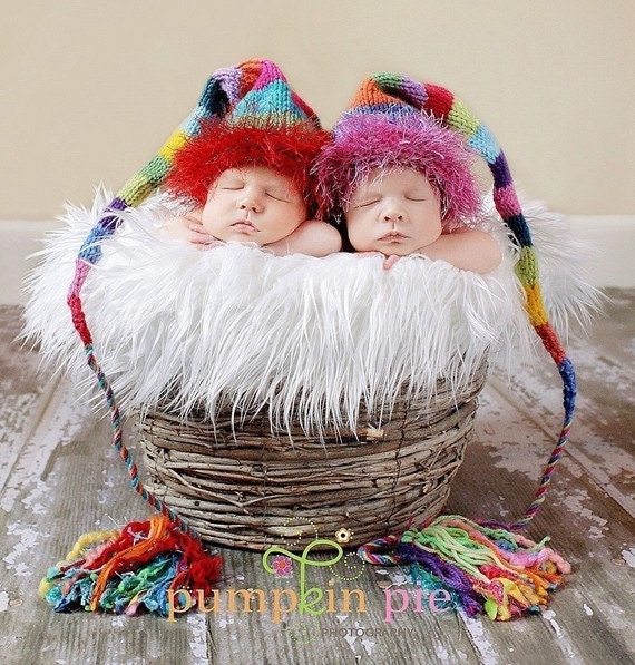 1 Newborn Boy Girl Baby Hat Photo PRoP Stripe TICKLES Rainbow Munchkin Stocking Cap FuZZY Brim Fat Tassel PiCk CoLors Knit to Order ToQue