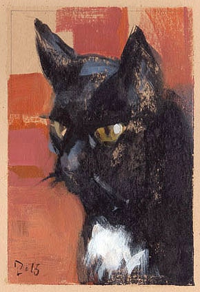 Original Painting Cat Animal Art Acrylic Sketch 3.5 x 5 on 5x7 - Black Cat by David Lloyd