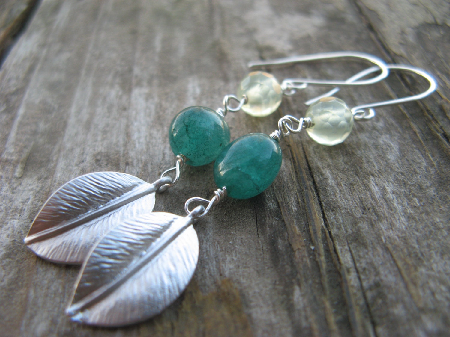 spring green leaf dangle earrings - prehnite and green onyx