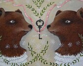 Original woodland bears, key, leaves folk painting, "The Forest Key"