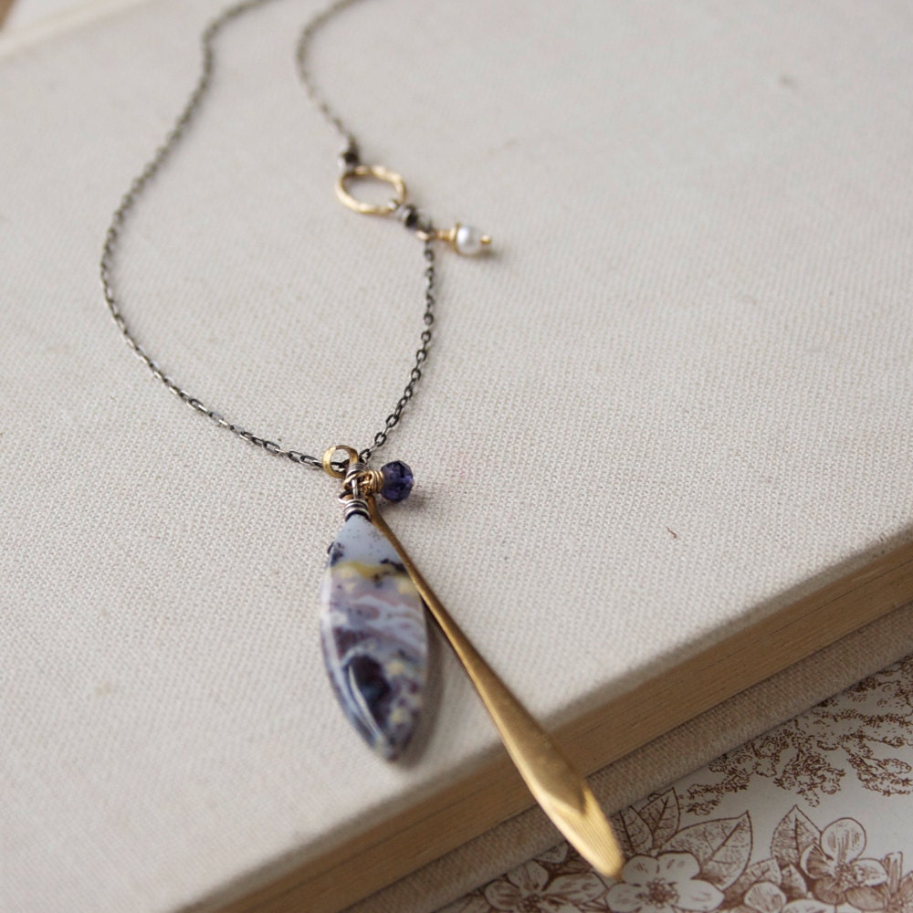 Jasper Plume Necklace- jasper, vtg. brass, iolite, f.w. pearl, sterling silver, goldfill.