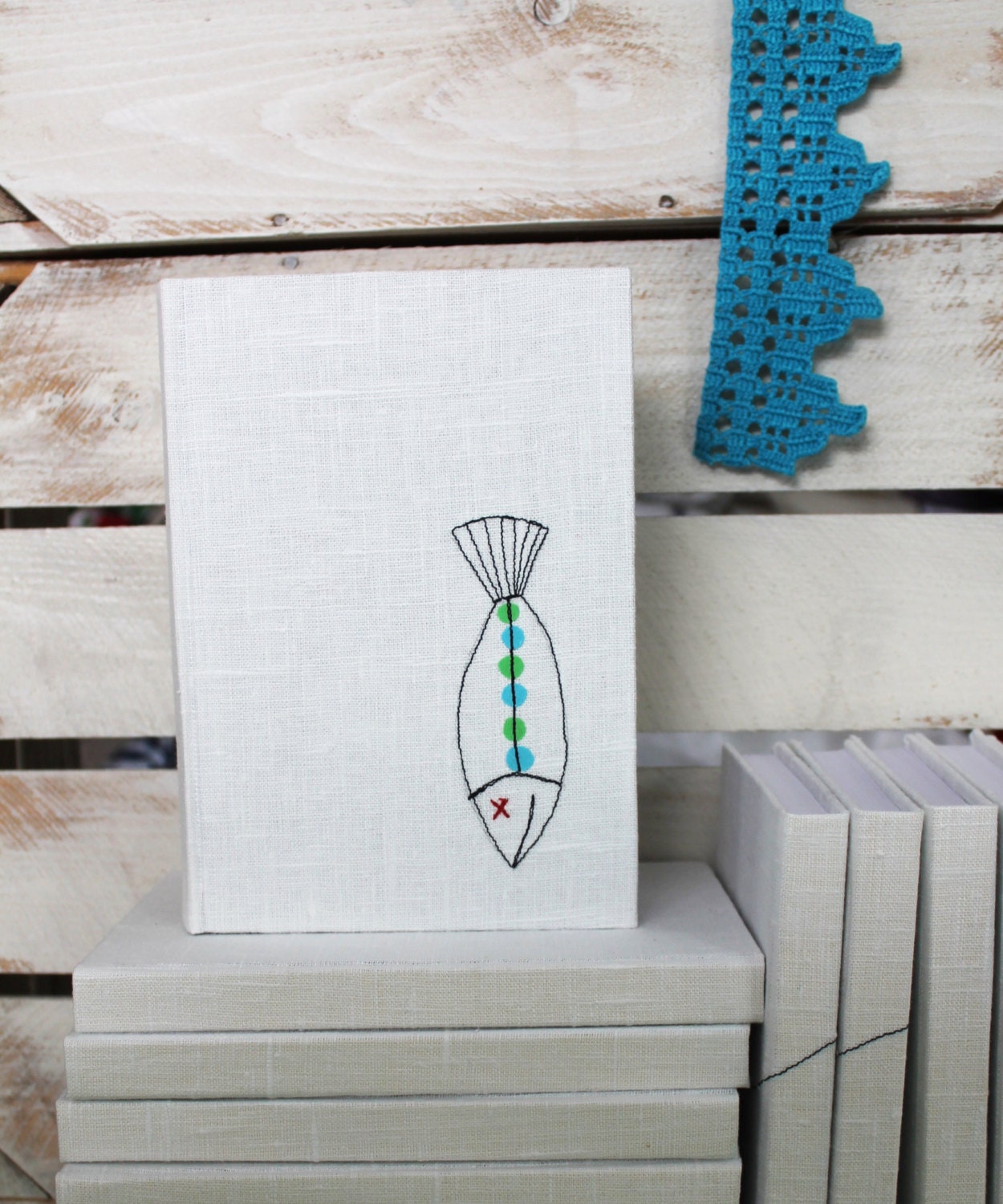 Bound notebook with appliqued fabric cover- fish