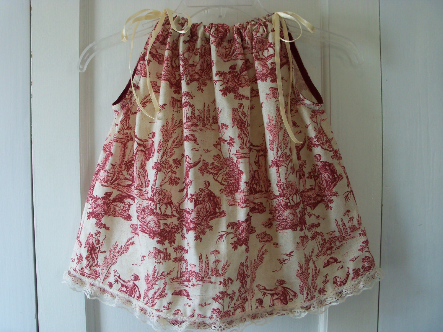 Red Toile Print Girl's Dress or Tunic Top Fits Sizes From 12 months to Girl's 8 off-white ribbon and lace