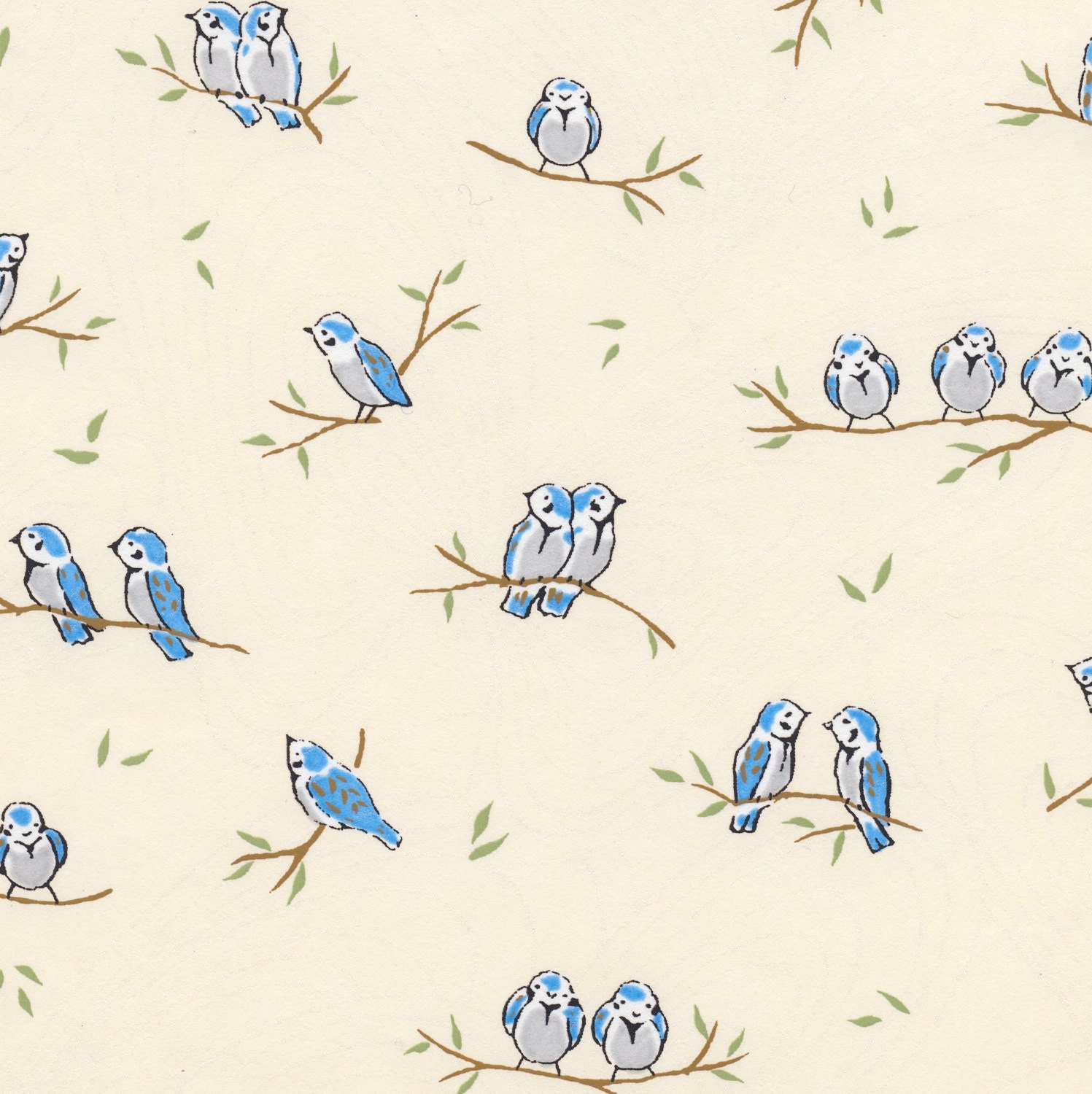 Chiyogami or yuzen paper - blue birds on a branch, brown and sage green on an ivory background with swirly fan pattern, 9x12 inches