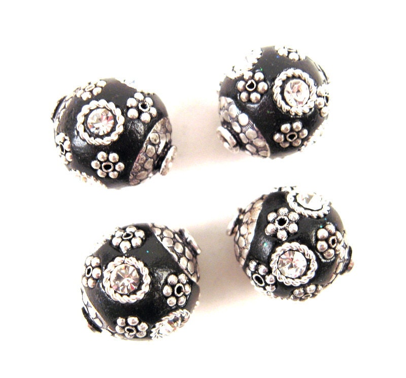 4 Tribal Kashmiri India Beads, Black, Rhinestone, Custom Made, Bollywood, 16mm, Silver Capped, Tribal Fusion, Polymer Clay, KA-17