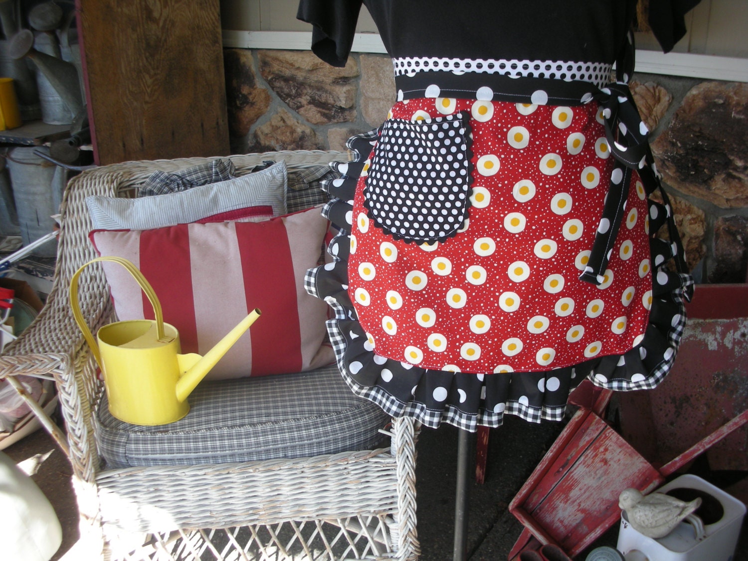Aprons with Egg Fabric - Sunny Side Up Apron - Apron - Ruffled Black and White Apron