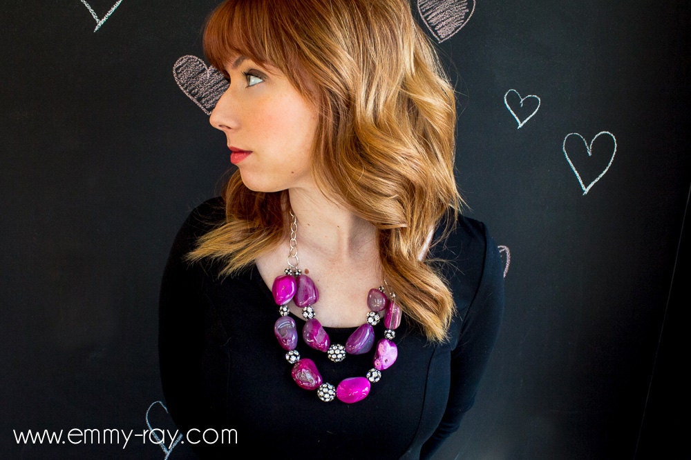 Magenta agate and rhinestone statement necklace