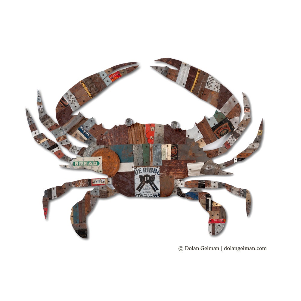 Metal Crab Wall Sculpture, Recycled Copper & Steel, Blue Crab Collection, Nautical Decor, Rugged Rustic Mantlepiece, Made To Order