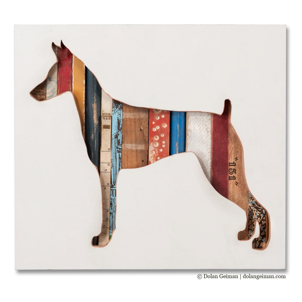 Family Pet Portrait, Dog Walk: Doberman, Found Wood Assemblage, Silhouette Decor