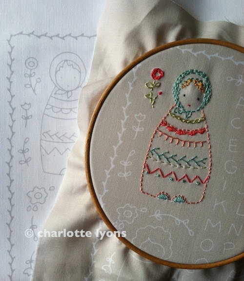 embroidered dolls or sampler on LINEN colored cotton fabric