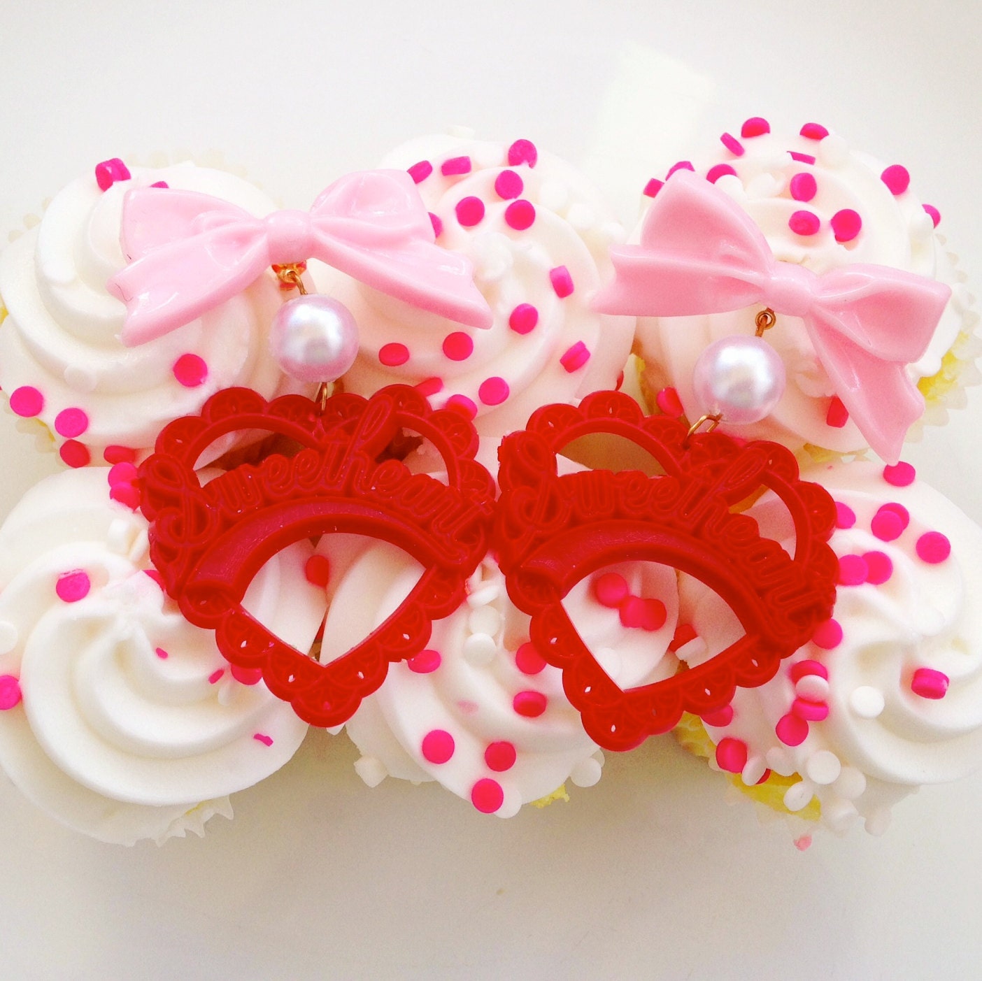 Pink, Pearl, and Red Sweetheart Earrings