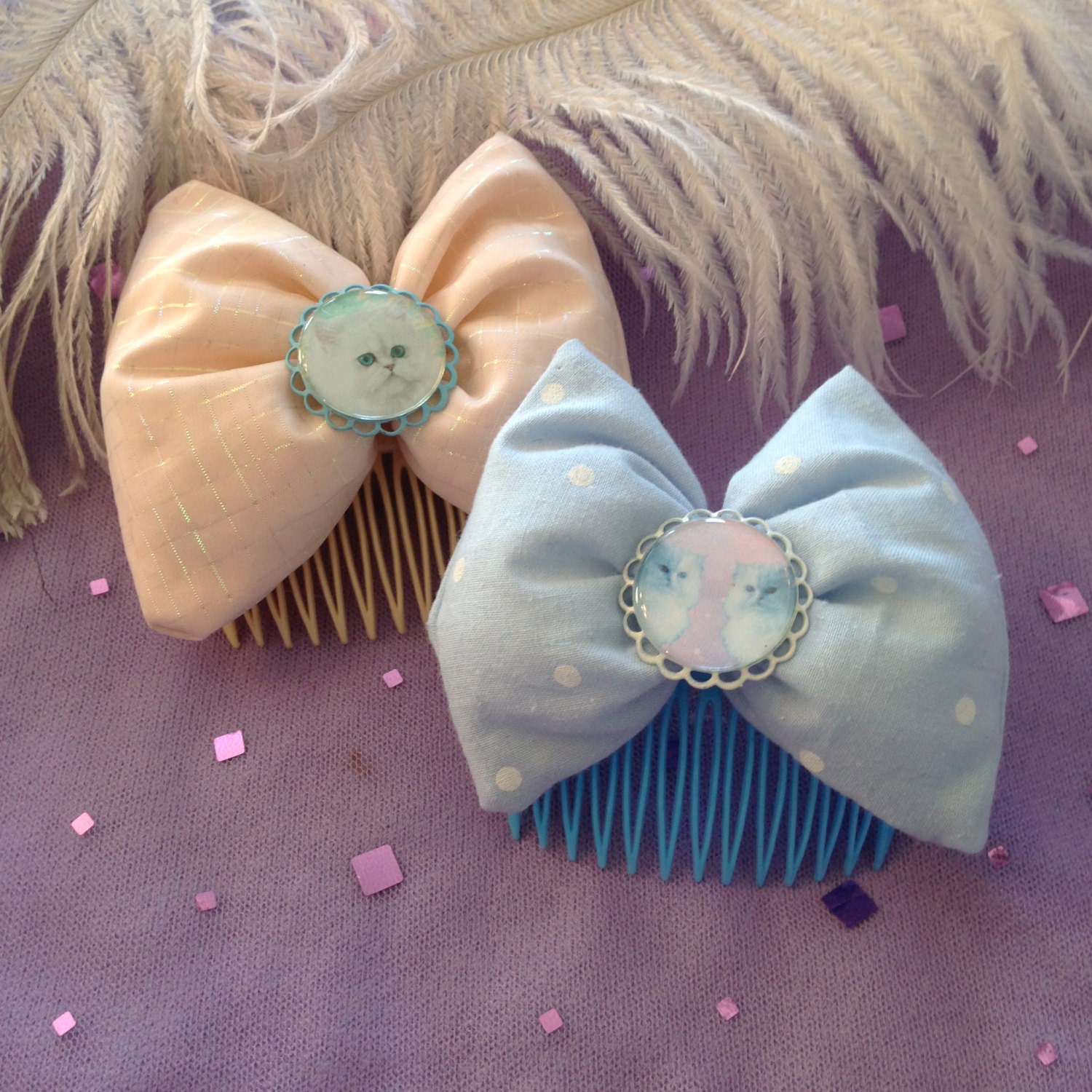 Peach and Baby Blue Kitten Hair Bows